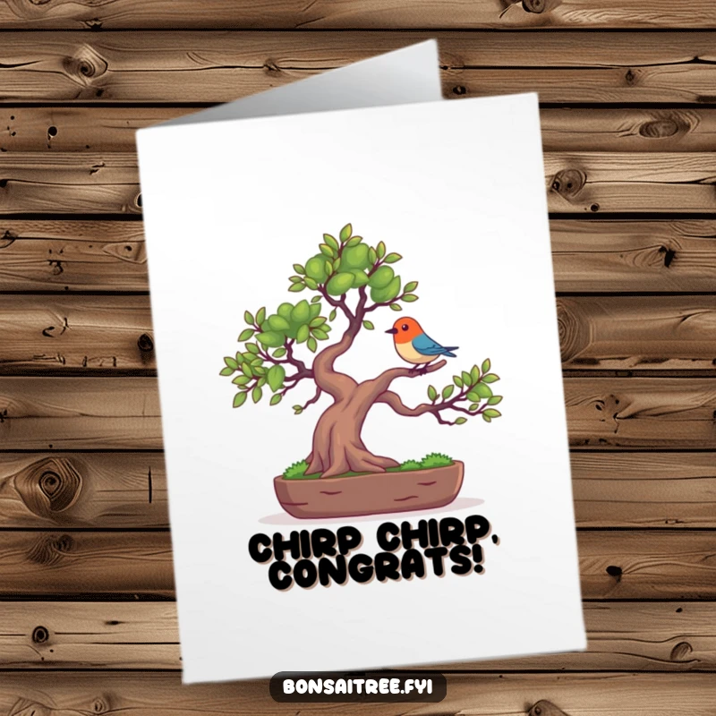Funny Free Printable Congratulations Card: A bonsai tree character with a tiny, colorful bird perched on its branch.