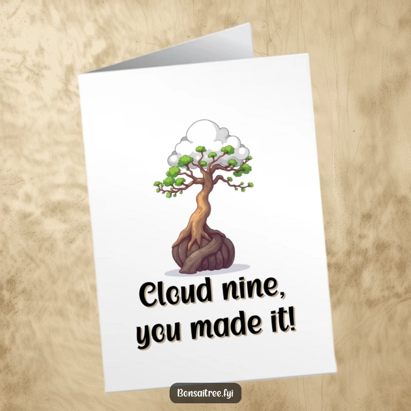 Funny Free Printable Congratulations Card: A bonsai tree's branches artfully shape a small cloud, celebrating a creative achievement.
