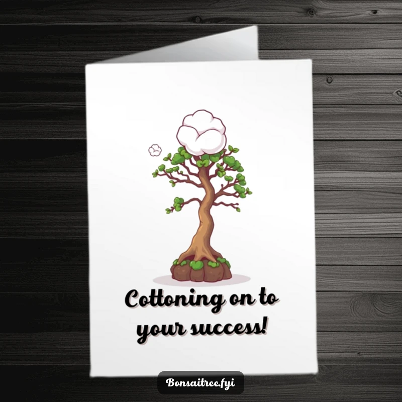 Funny Free Printable Congrats Card: A curious bonsai tree gazes at a fluffy cotton ball, celebrating achievements with lighthearted wonder.