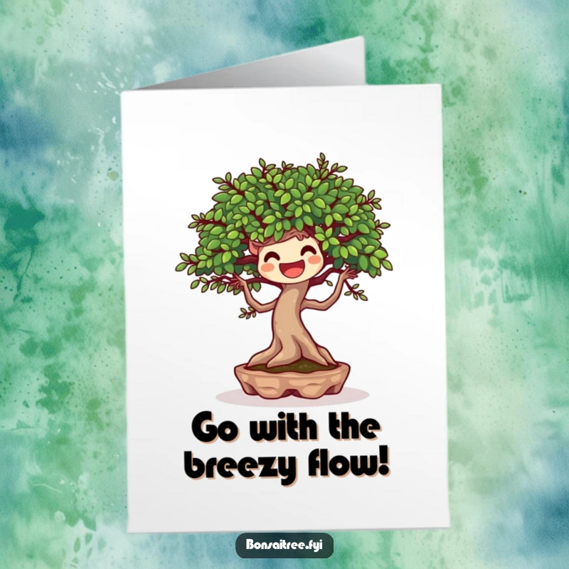 Funny Free Printable Congrats Card: A joyful bonsai tree dances with a gentle breeze, celebrating achievements with lighthearted exuberance.