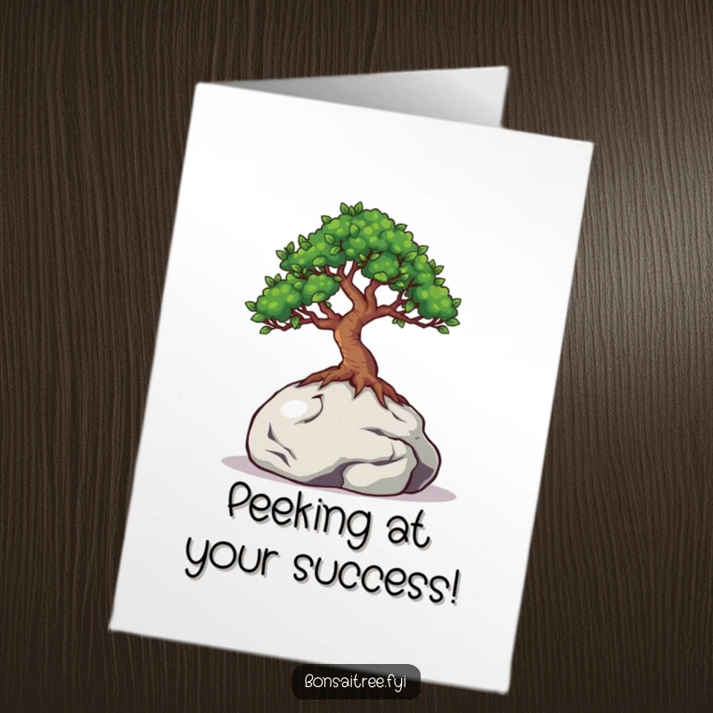 Funny Free Printable Congratulations Card: A bonsai tree with expressive eyes cautiously peeks from behind a small rock, celebrating success.