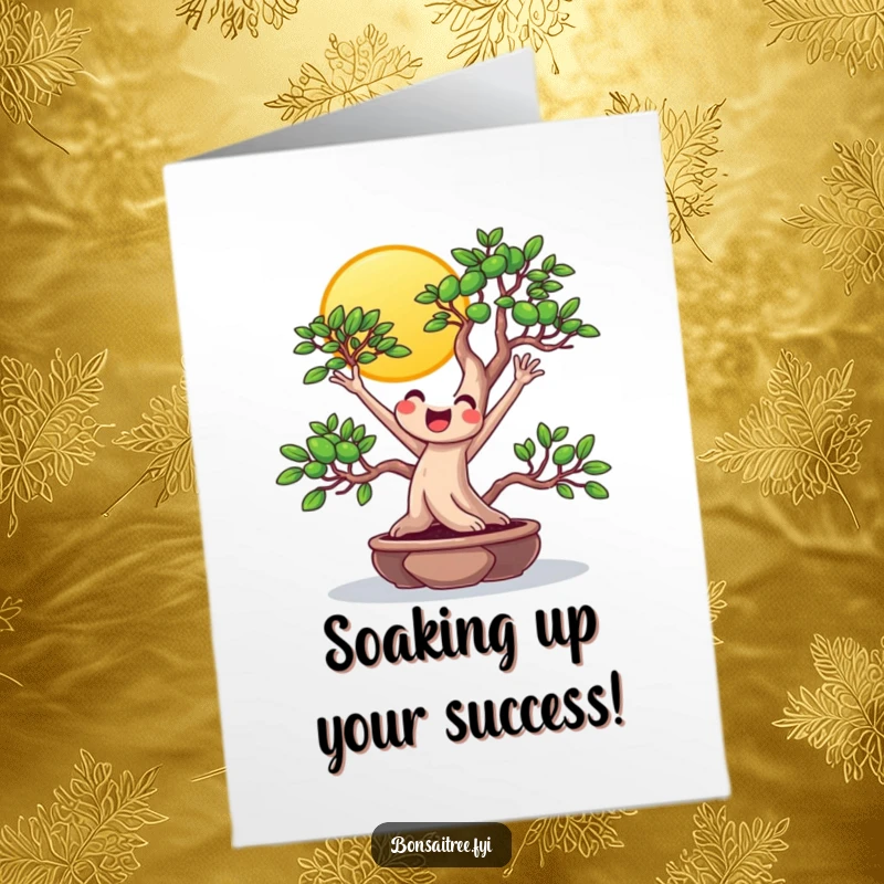 Funny Free Printable Congrats Card: Beaming bonsai character stretches towards the sun, symbolizing growth and happiness in success.