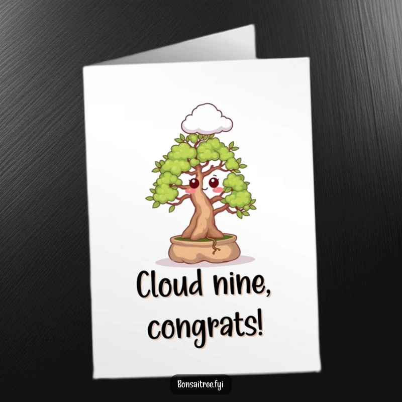 Funny Free Printable Congratulations Card: A bonsai tree with a shocked expression sprouts a tiny cloud, capturing a moment of surprise.