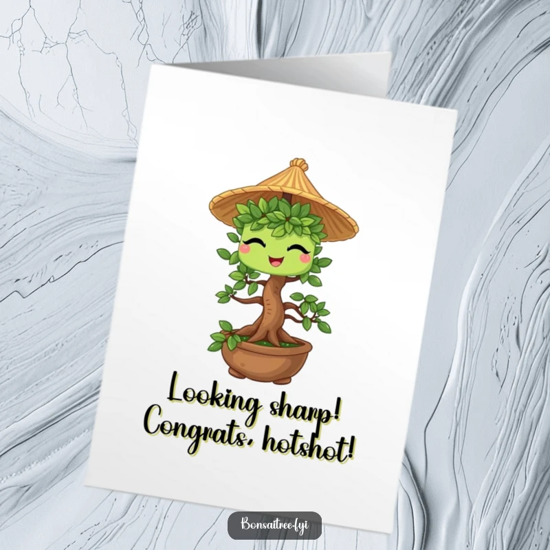 Funny Free Printable Congratulations Card: A cool bonsai tree character winks while wearing a miniature straw hat.