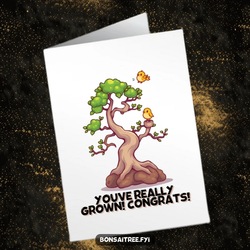 Funny Free Printable Congratulations Card: Giggling bonsai tree character shares a moment with a small bird.