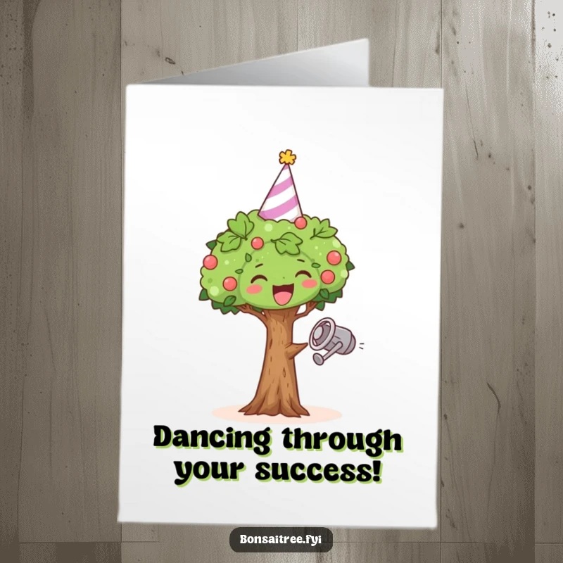 Funny Free Printable Congratulations Card: A joyful bonsai in a party hat, dancing with a watering can to celebrate.