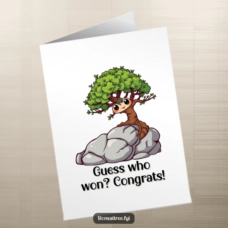 Funny Free Printable Congratulations Card: a mischievous bonsai tree character hiding behind a rock, celebrating a clever achievement.