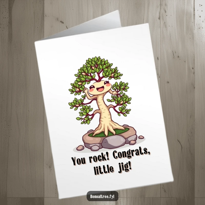 Funny Free Printable Congrats Card: A cheerful bonsai tree performing a happy jig with small stones, celebrating their big achievement.