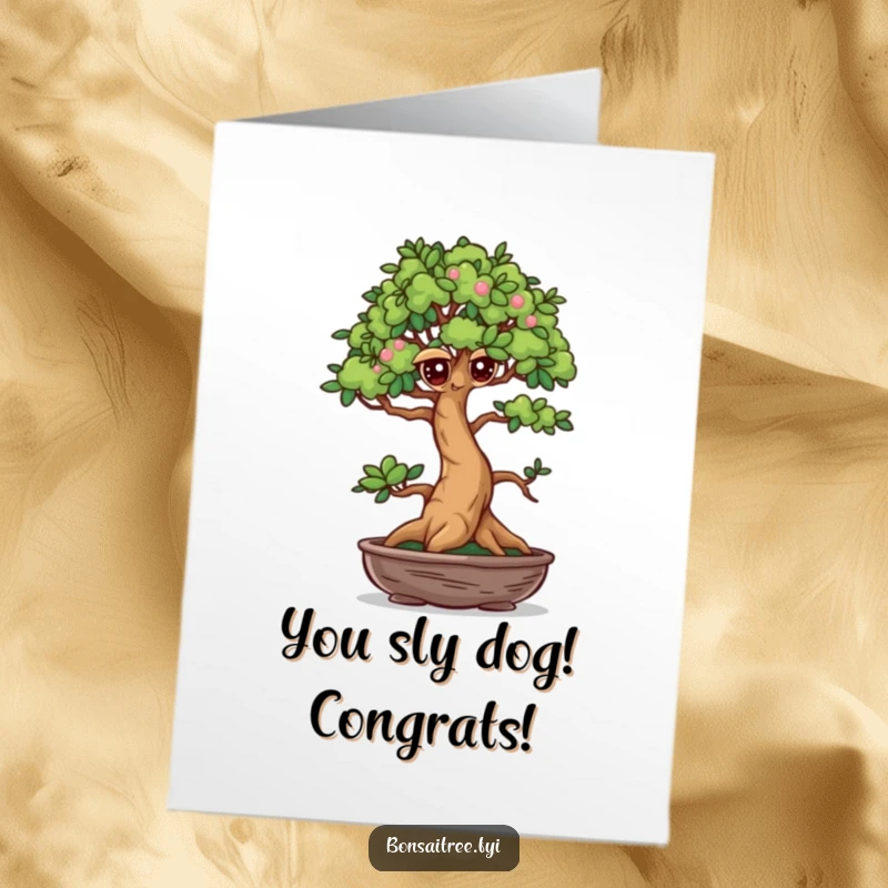 Funny Free Printable Congrats Card: A bonsai tree with mischievous eyes giving a knowing wink, perfect for congratulations.