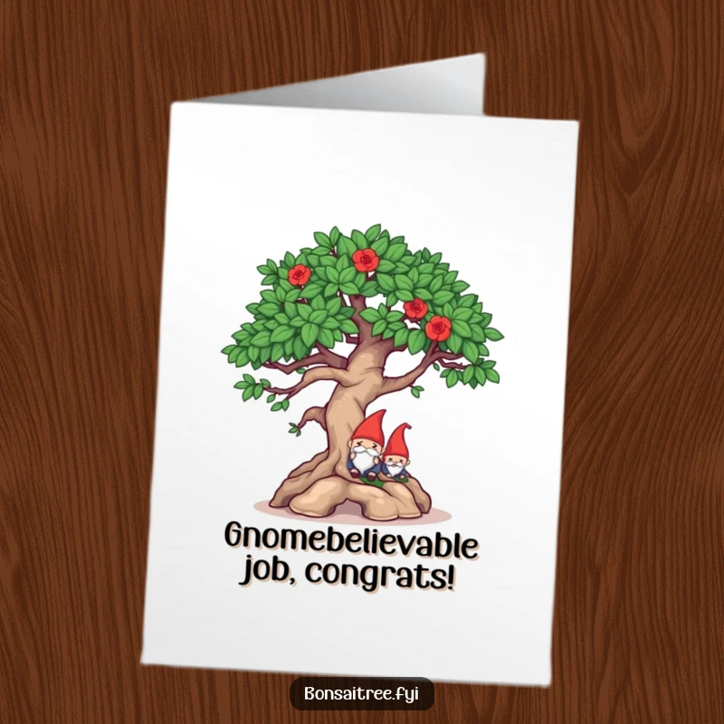 Funny Free Printable Congrats Card: Mischievous bonsai character winks, having cleverly hidden a gnome, celebrating a secret success.