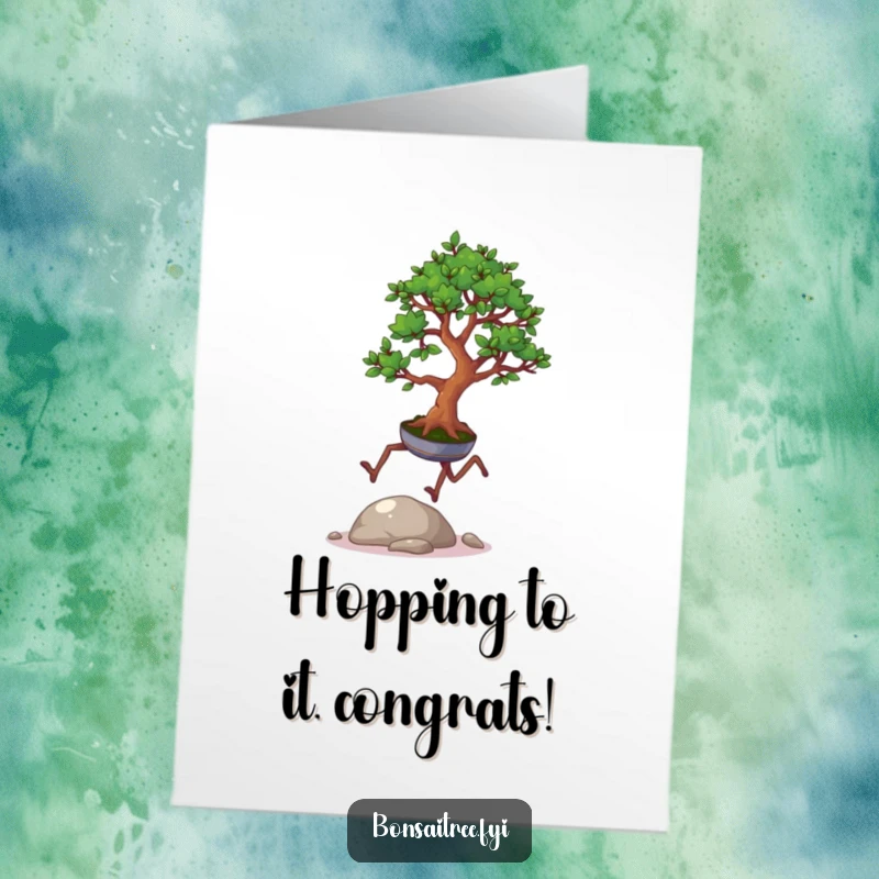 Funny Free Printable Congratulations Card: A small bonsai tree on legs joyfully leaps over a pebble, symbolizing overcoming challenges.