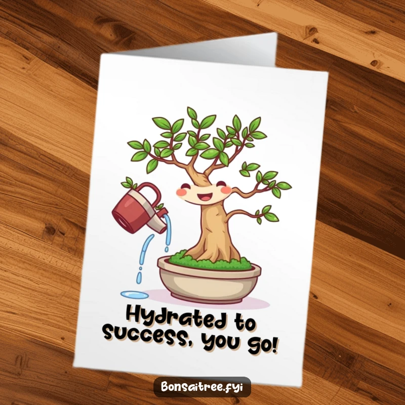 Funny Free Printable Congratulations Card: A cheerful bonsai watering itself, celebrating success with humor.