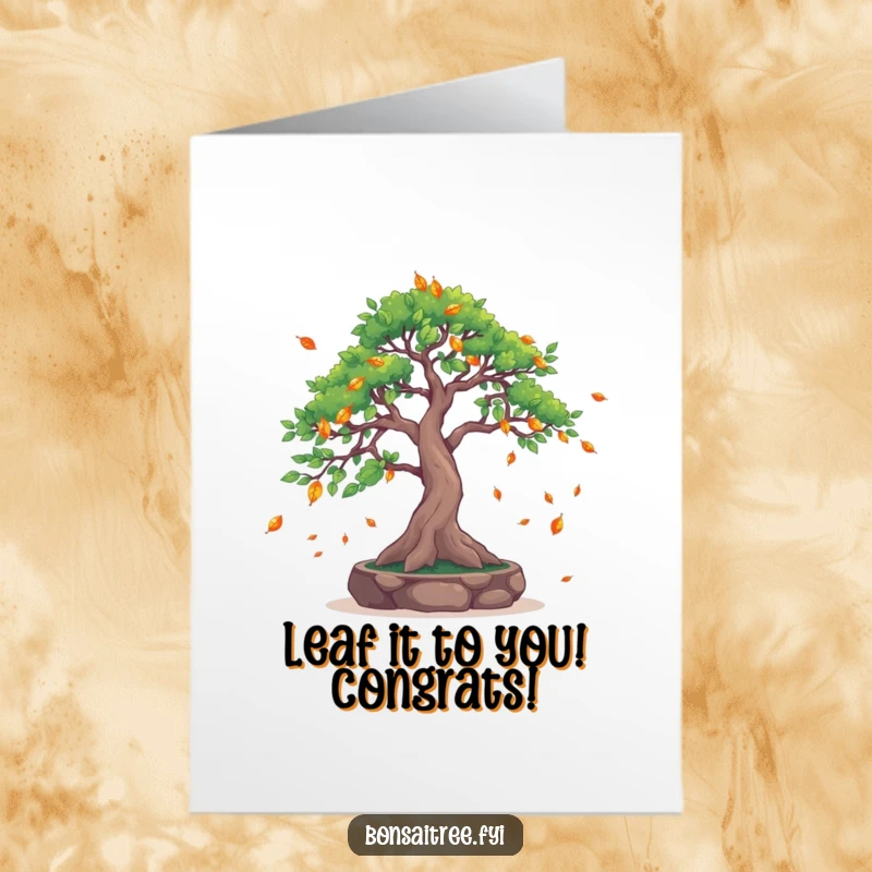Free Printable Congrats Card: A bonsai tree with branches outstretched, catching gentle falling leaves in a moment of calm.