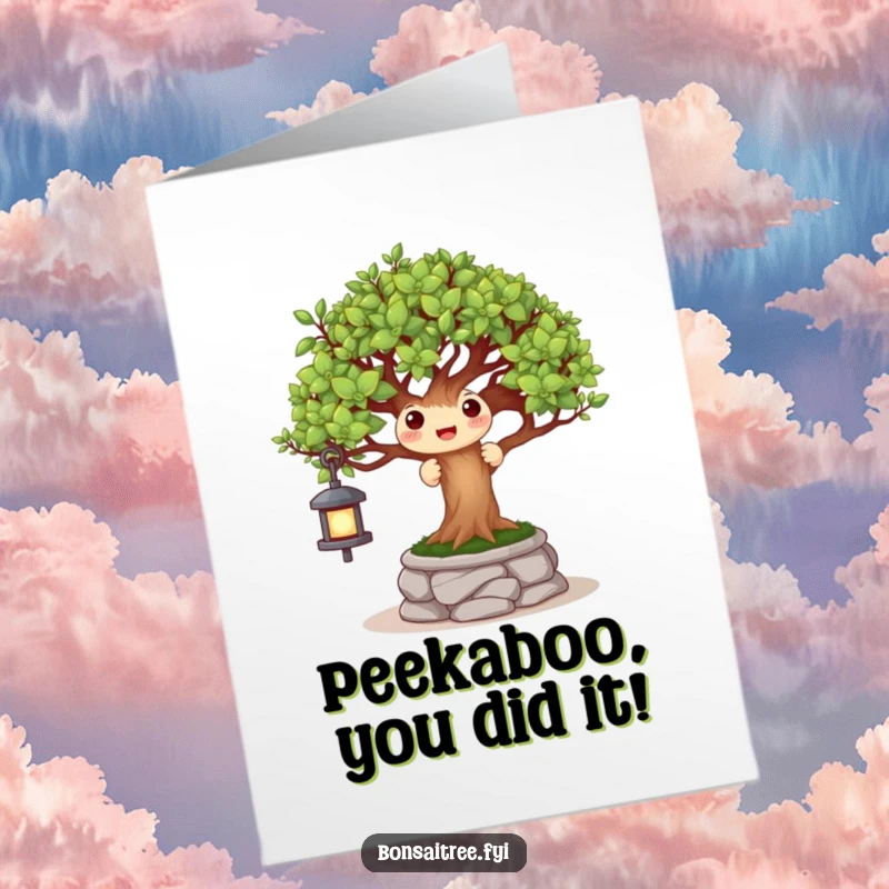 Funny Free Printable Congratulations Card: A cheerful bonsai peeks out playfully from behind a miniature stone lantern.