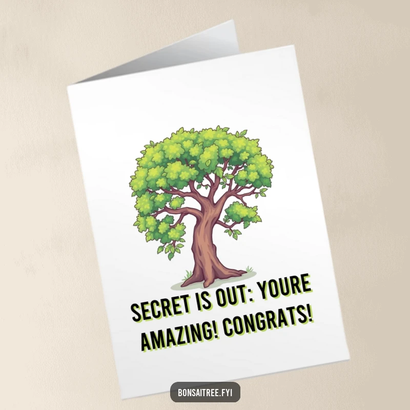 Funny Free Printable Congratulations Card featuring a small bonsai tree leaning in as if sharing a secret.