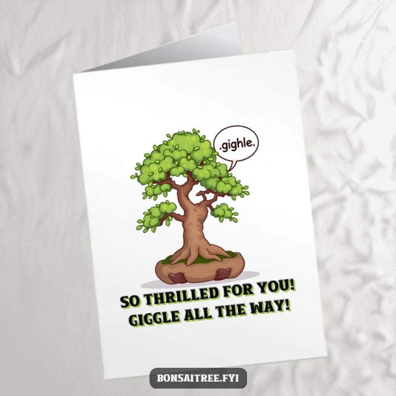 Funny Free Printable Congratulations Card showing a bonsai tree inside a speech bubble, exuding a happy giggle.