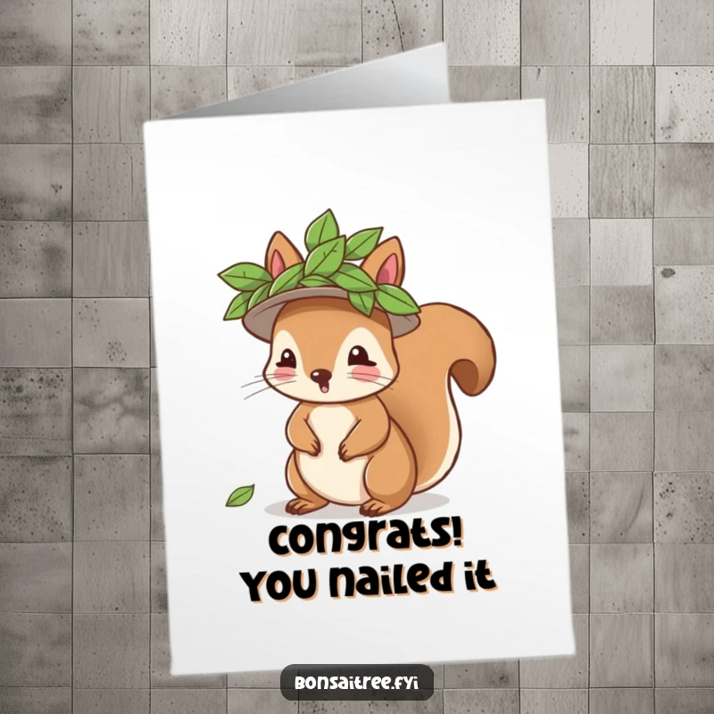 Free Printable happy squirrel trying on a leaf hat, celebrating an achievement on a card.