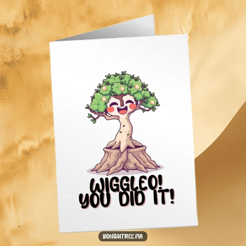 Funny Free Printable Congratulations Card: A bonsai tree with a joyful expression and its roots wiggling with excitement.