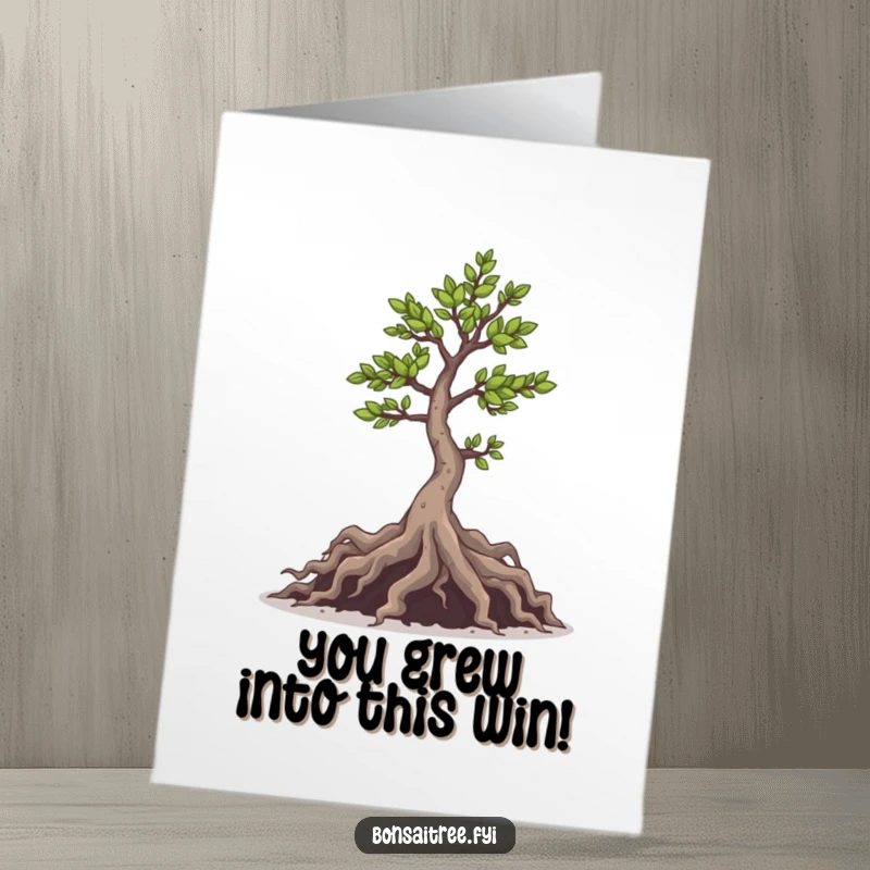 Funny Free Printable Congratulations Card showing a mischievous bonsai tree with playful roots, celebrating achievements with a cheeky vibe.