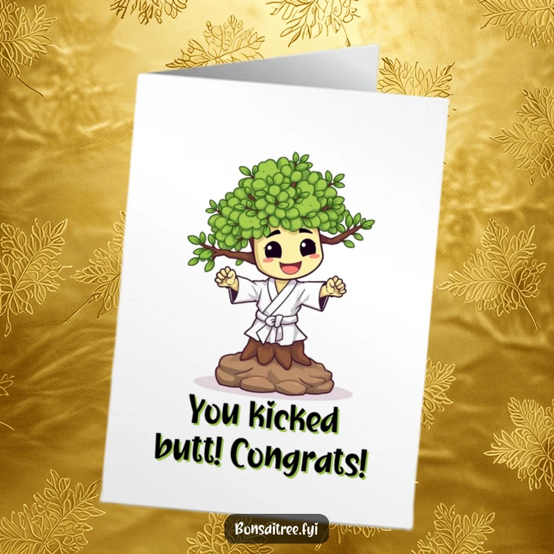 Funny Free Printable Congrats Card: Happy bonsai tree performs a tiny karate chop, celebrating success with powerful energy.