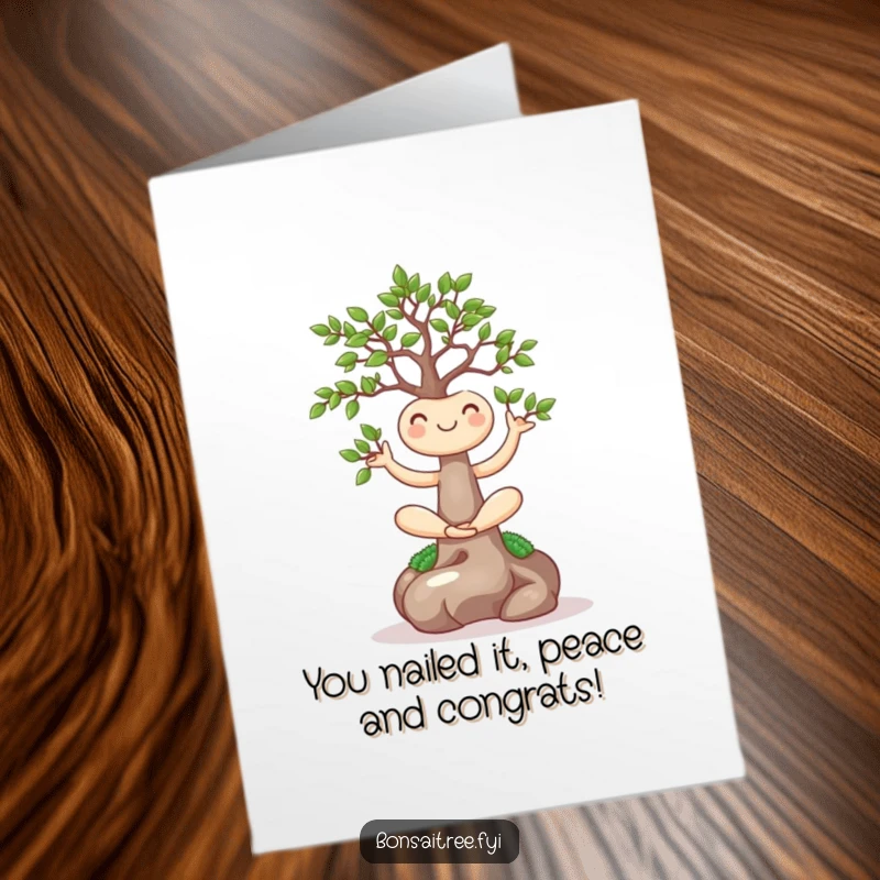 Funny Free Printable Congratulations Card showing a happy bonsai tree striking a serene yoga pose, celebrating success.