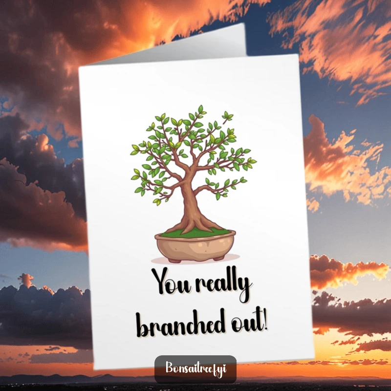 Funny Free Printable Congratulations Card: An amusing bonsai tree skillfully juggling its own miniature leaves, celebrating a big win.