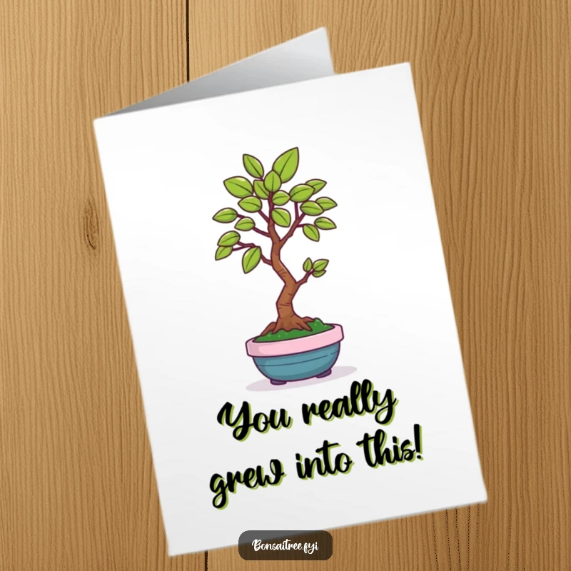 Funny Free Printable Congratulations Card with a cheerful bonsai tree presenting a single green leaf as a gift.