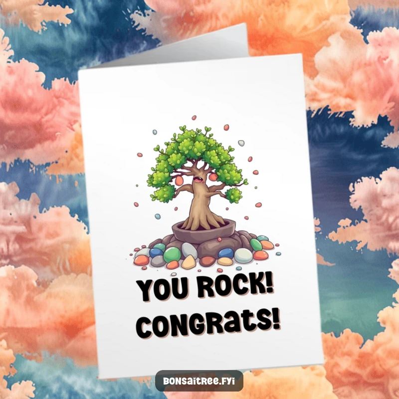 Funny Free Printable Congrats Card: Giggling bonsai tree spills tiny painted stones, symbolizing a joyful celebration of achievement.