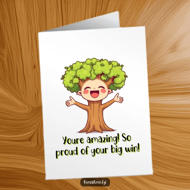 Funny Free Printable Congratulations Card featuring a small, happy bonsai tree enthusiastically cheering.