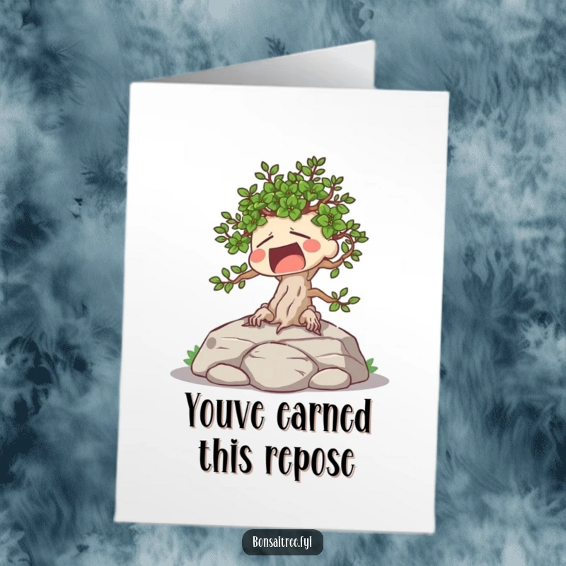 Funny Free Printable Congratulations Card: A sleepy bonsai yawning widely while sunbathing, perfect for congratulating relaxation.