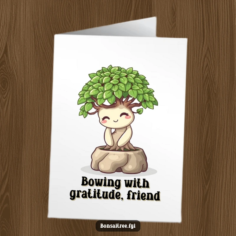 Funny Free Printable Thank You Card: A bonsai tree character bowing playfully with a warm smile, offering thanks.