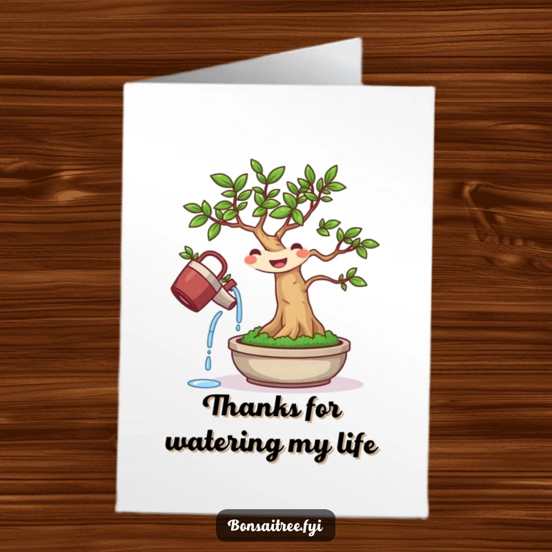 Funny Free Printable Thank You Card: A happy bonsai enthusiastically watering itself, a unique expression of gratitude.