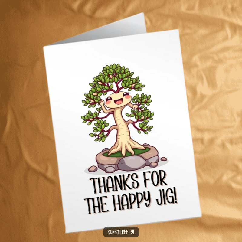 Funny Free Printable Thank You Card: A cheerful bonsai tree dancing a jig with small stones, sending thanks with a smile.