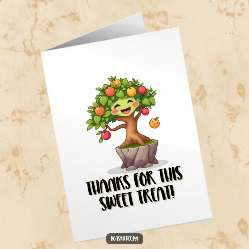 Funny Free Printable Thank You Card: A joyful bonsai tree character bouncing a small, colorful fruit, showing vibrant appreciation.