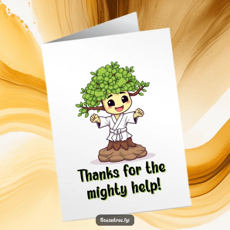 Funny Free Printable Thank You Card: Happy bonsai tree performs a tiny karate chop, a dynamic way to say thank you.