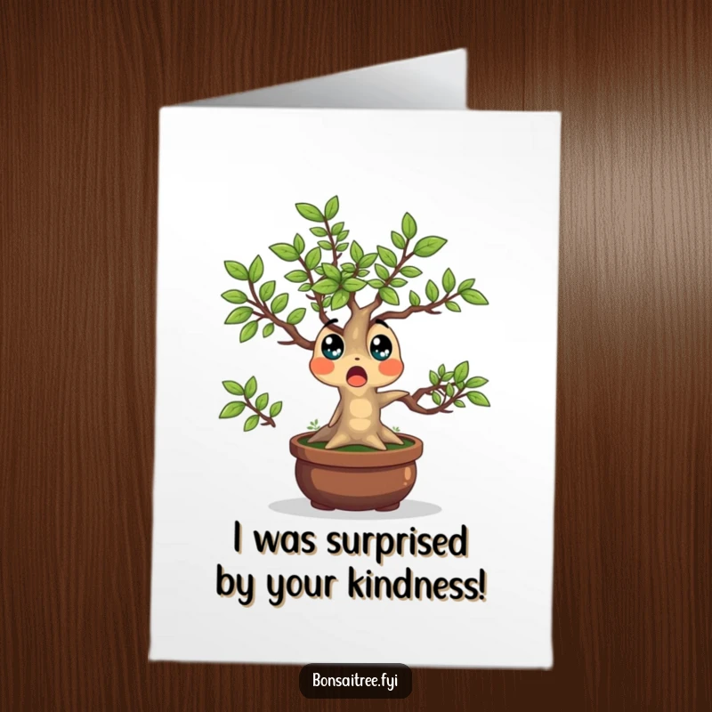 Funny Free Printable Thank You Card: a surprised bonsai tree character with leaves popping outwards, expressing shock and thanks.