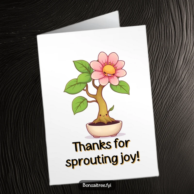 Funny Free Printable Thank You Card: A cheerful bonsai tree with a big smile offers a surprisingly large flower, conveying thanks.