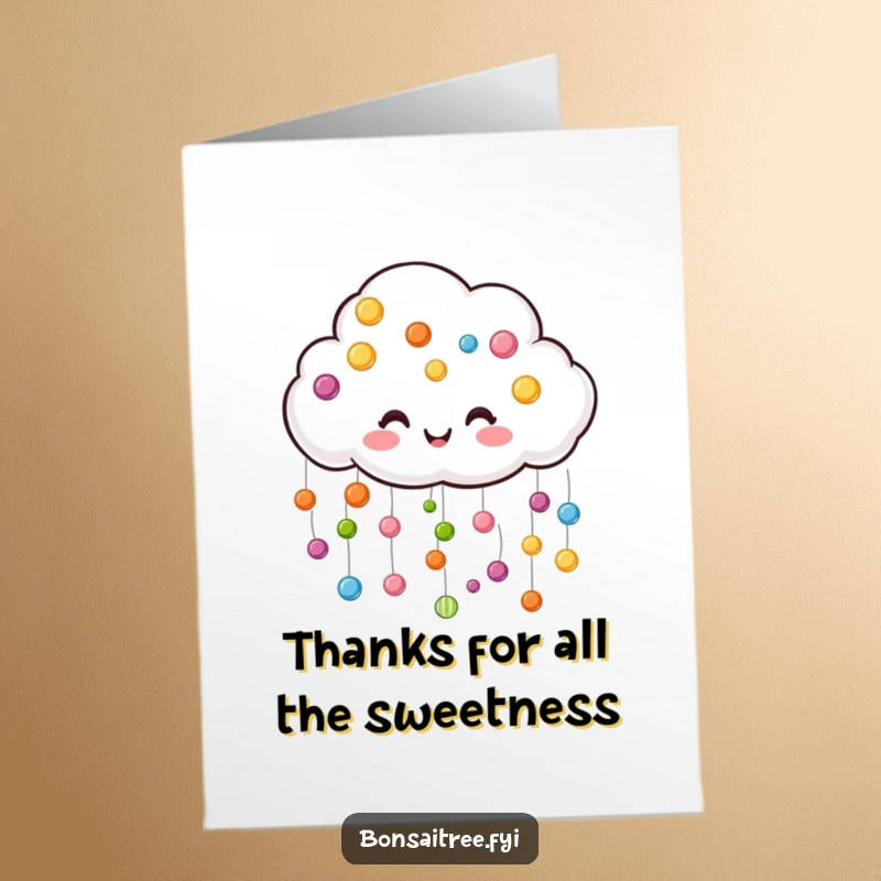 Funny Free Printable Thank You Card: A joyful cloud character happily raining colorful candy drops.
