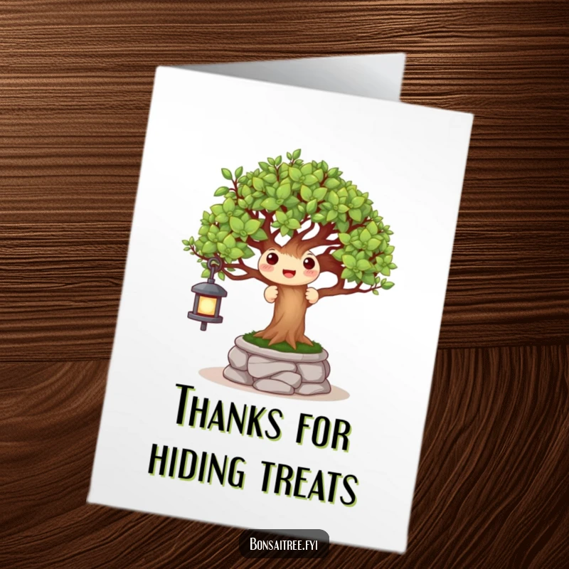 Funny Free Printable Thank You Card: A cheerful bonsai plays peek-a-boo from behind a stone lantern, sending thanks.