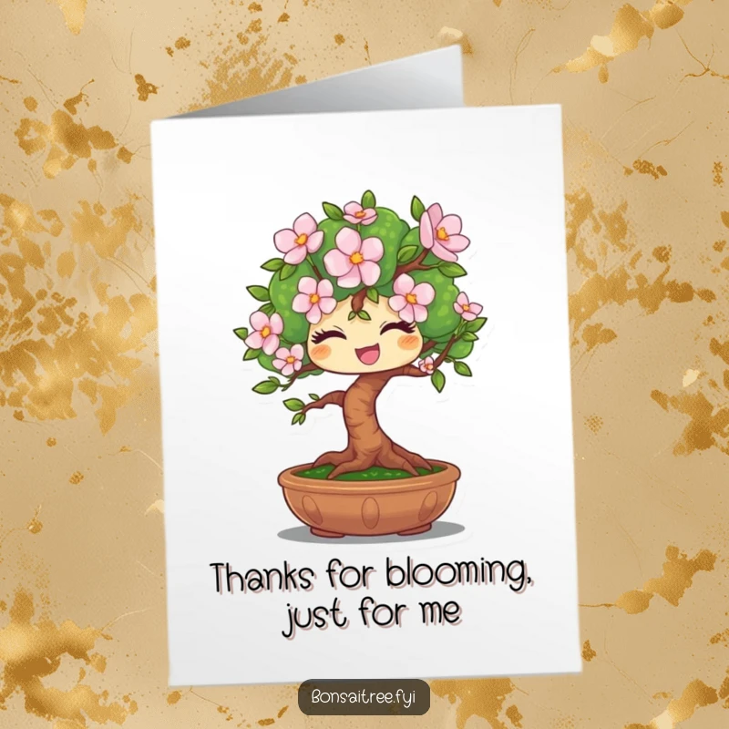 Funny Free Printable Thank You Card: Winking bonsai tree offering a single bloom, expressing thanks with a charming and humorous wink.