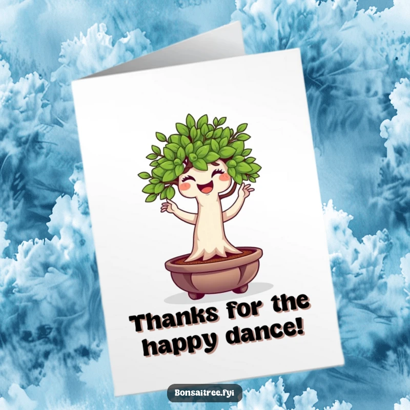 Funny Free Printable Thank You Card: a plump bonsai tree character doing a happy wiggle dance to express gratitude.