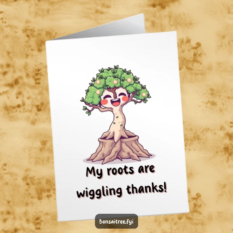Funny Free Printable Thank You Card: A happy bonsai tree with wiggling roots and a big smile expressing gratitude.