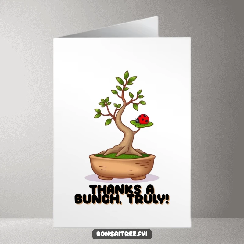 Funny Free Printable Thank You Card: A bonsai tree with open arms balances a ladybug, a sweet gesture of thanks.