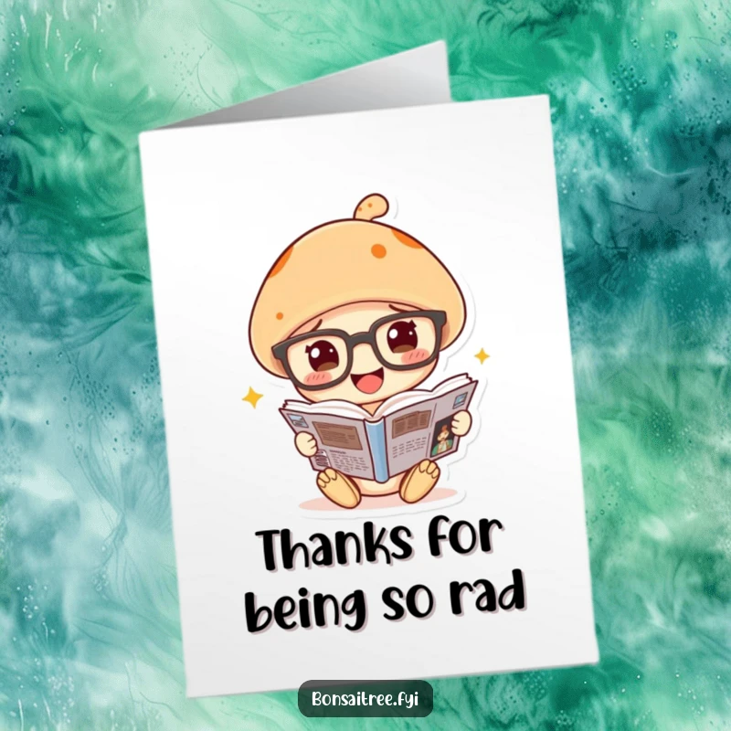 Funny Free Printable Thank You Card: A mushroom character with glasses, holding a comic book in thanks.