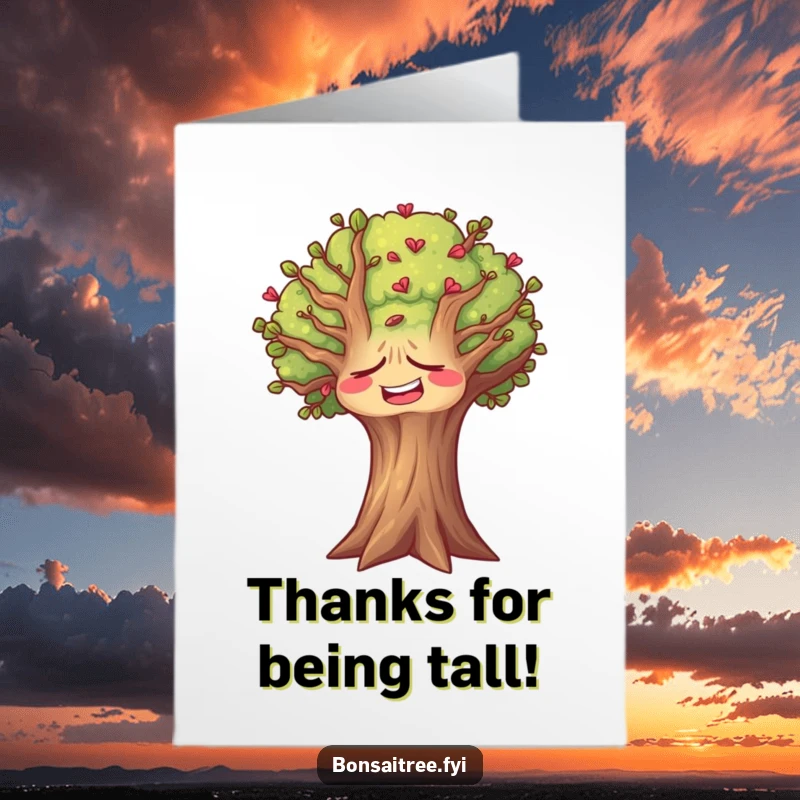 Funny free printable thank you card: A cheerful tree face caught in a silent, hilarious laugh, conveying heartfelt thanks with comedic expression.