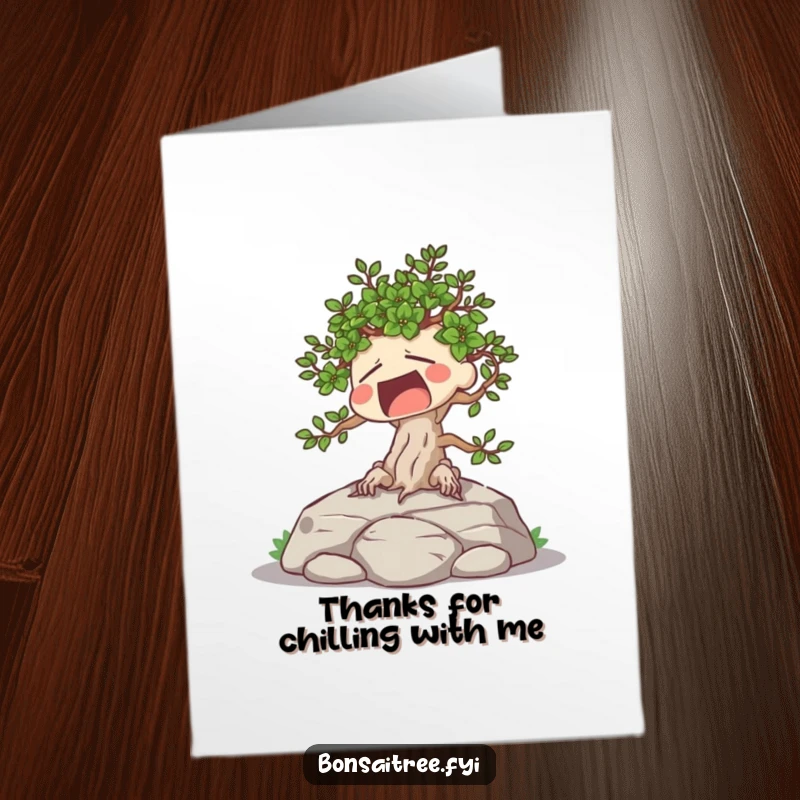 Funny Free Printable Thank You Card: A yawning bonsai character sunbathing on a rock, a humorous way to say thanks.