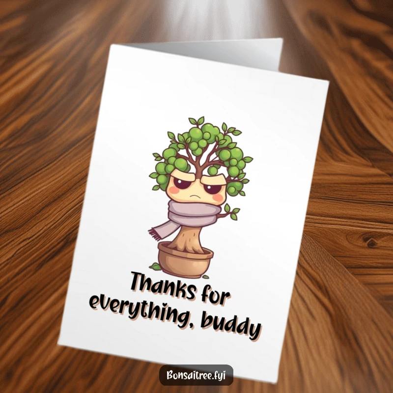 Free Printable grumpy bonsai tree looking unimpressed on a thank you card.
