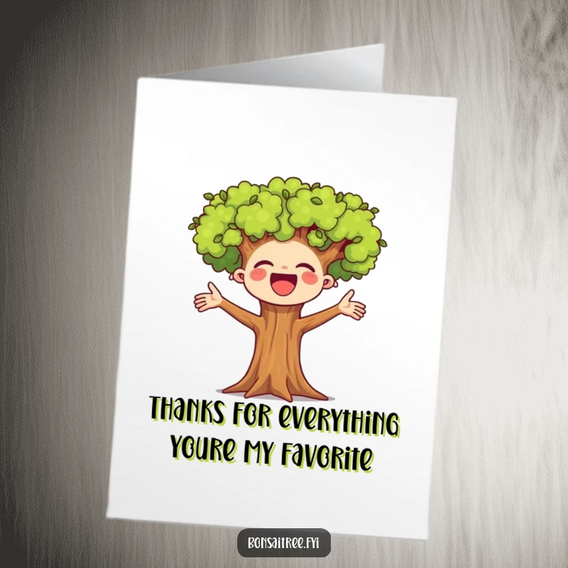 Funny Free Printable Thank You Card depicting a small bonsai tree with arms outstretched in a happy cheer.
