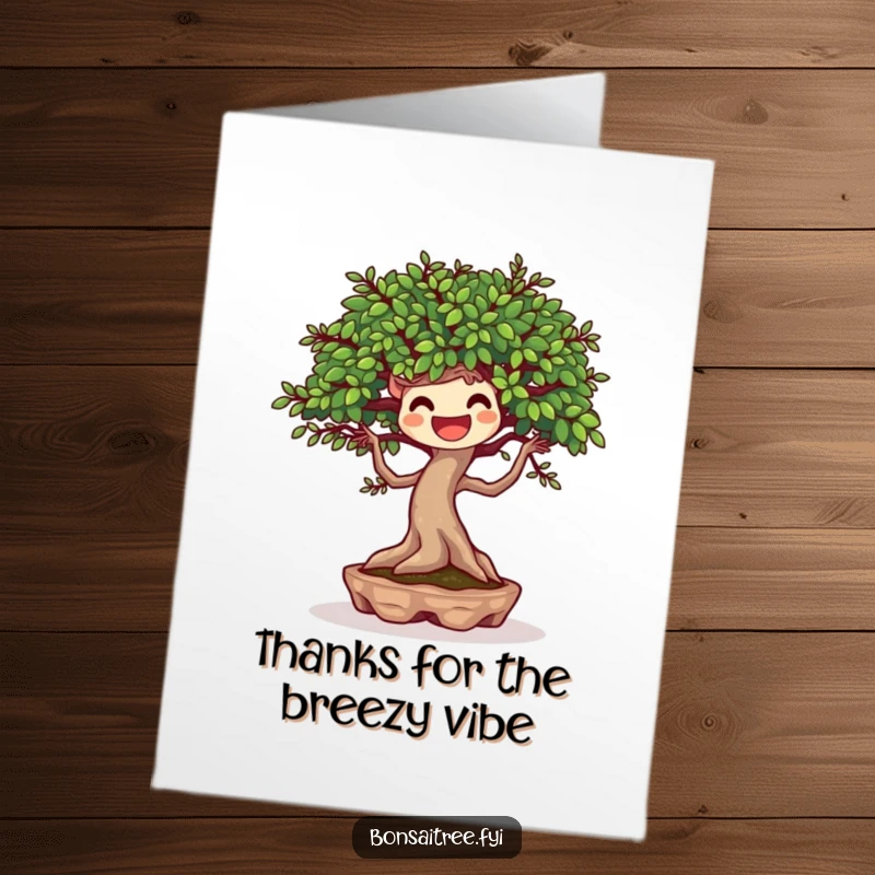 Funny Free Printable Thank You Card: A joyful bonsai tree dances with a gentle breeze, conveying heartfelt thanks with a happy spirit.