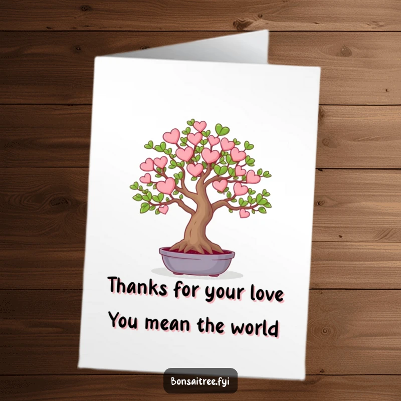Funny Free Printable Thank You Card featuring a bonsai tree adorned with leaves in the shape of tiny hearts.